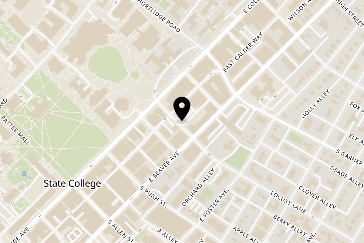 Map showing the location of The Koop - Korean Chicken and Cuisine on 129 Locust Ln in State College